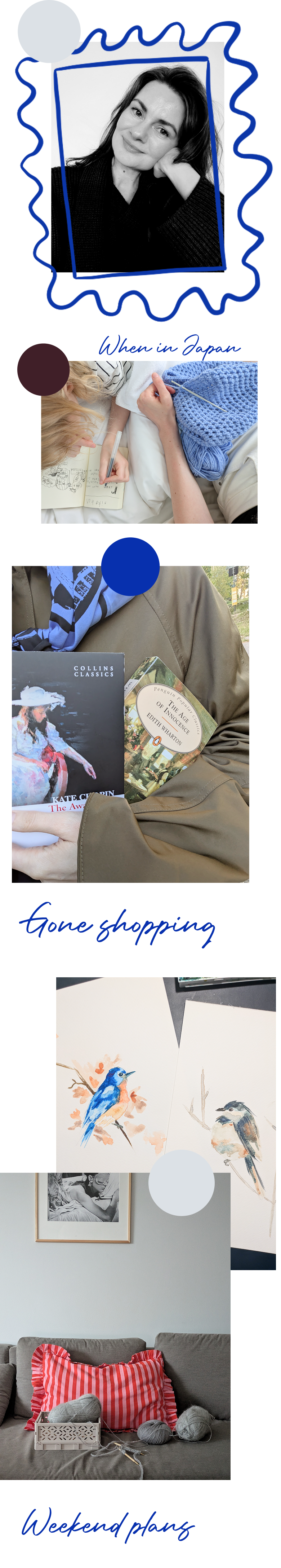 Personal photos — knitting, bird paintings, books and everyday moments