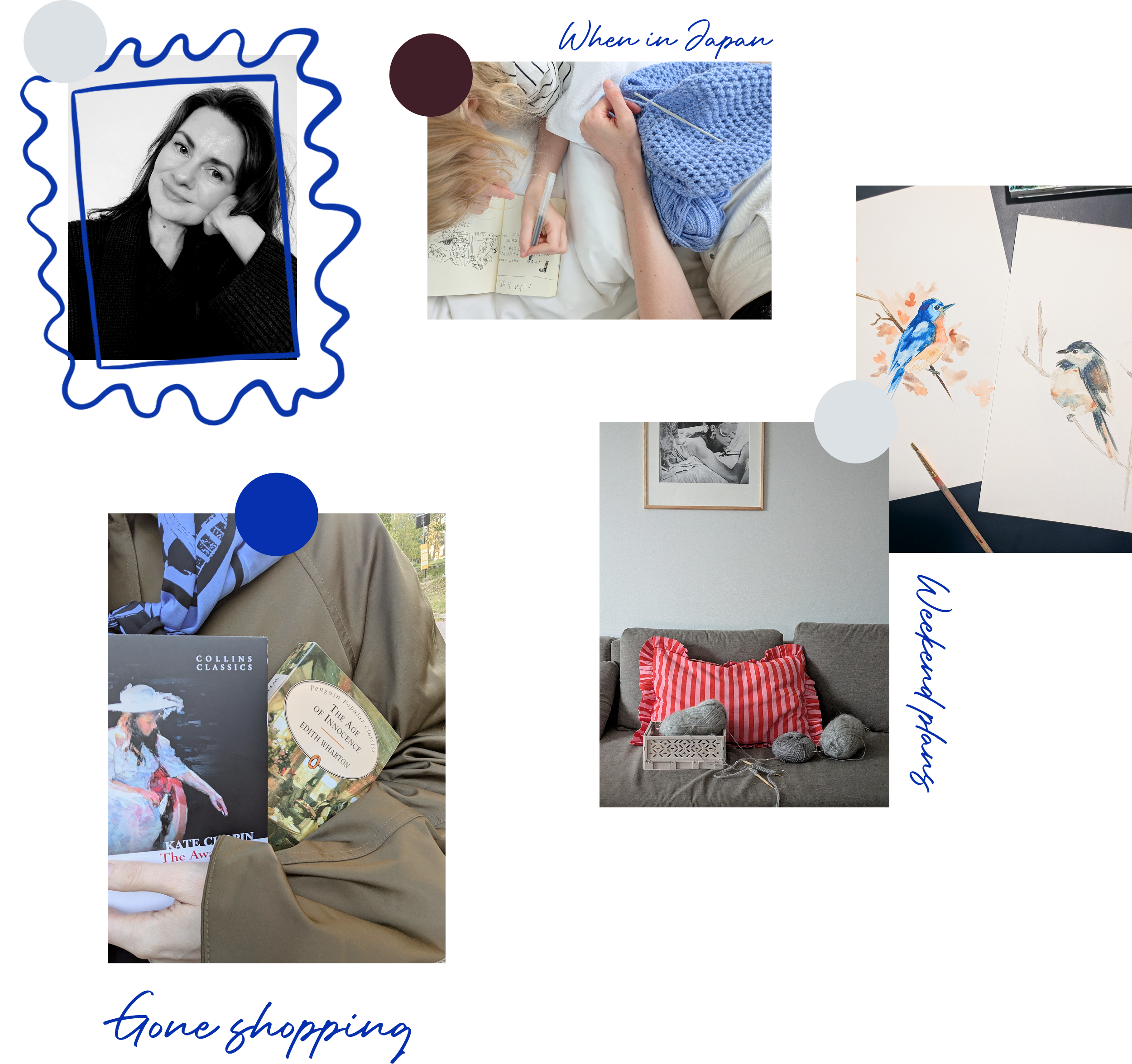 Personal photos — knitting, bird paintings, books and everyday moments