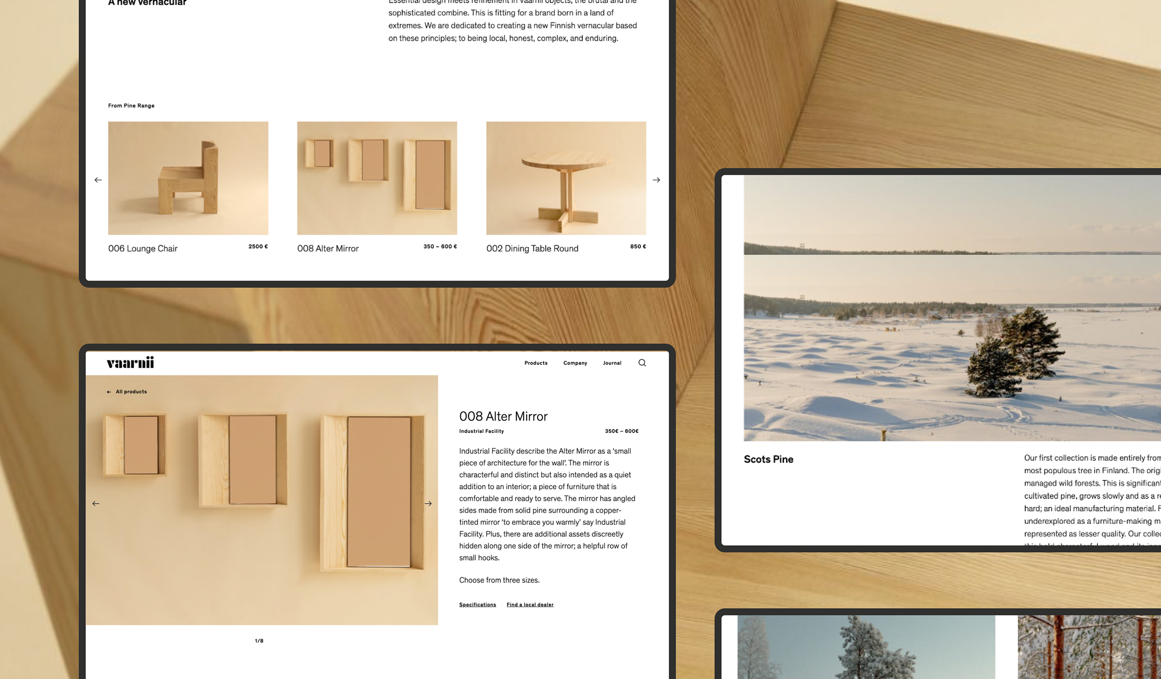 Desktop — product listing, page detail, about. Every section in its place.